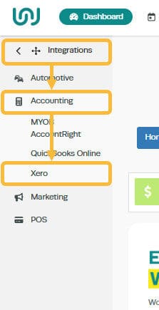 Workshop Software how to re-authorise xero showing integrations in the left hand menu bar select accounting integration se…