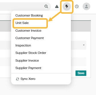 Workshop Software screen showing to make a new sale of a unit, open the ’ + ’ menu at the top right of the pag…