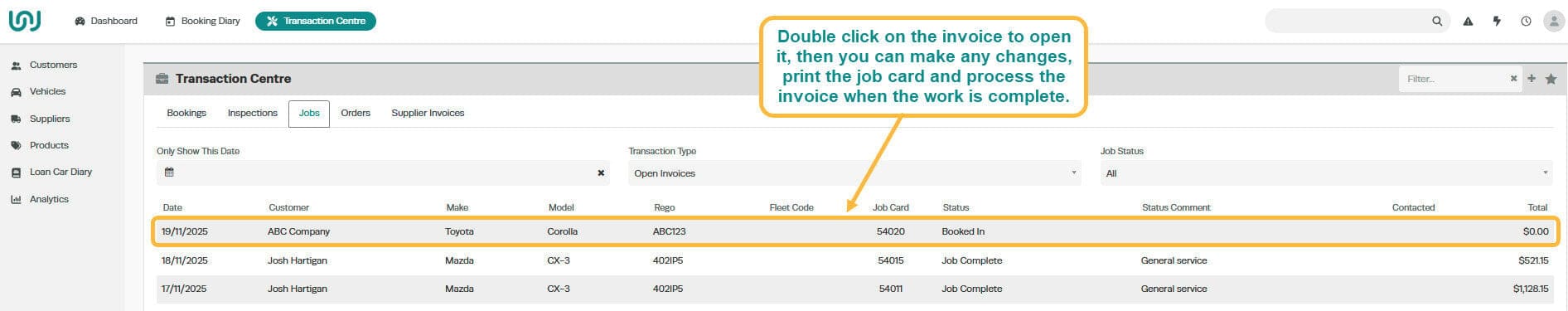 Workshop Software screen showing editing or finalising the invoice the invoice will now appear under the jobs …