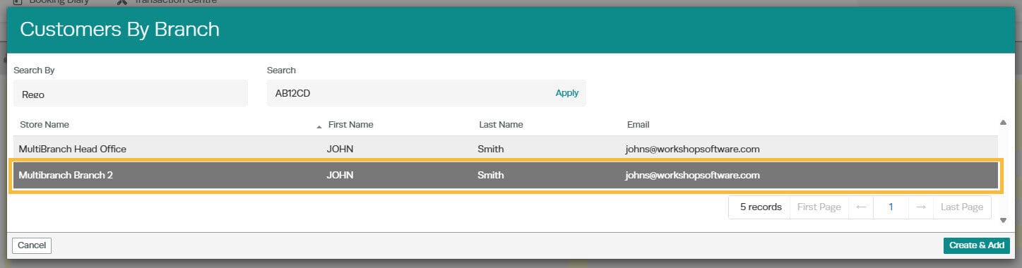 Workshop Software platinum multi-branch - add a customer from another branch showing customer or vehicle that you want to use