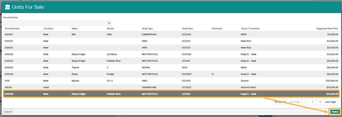 Workshop Software how to sell a unit showing unit which you are selling from the ’ units for sale ’ list and press ’ select ’