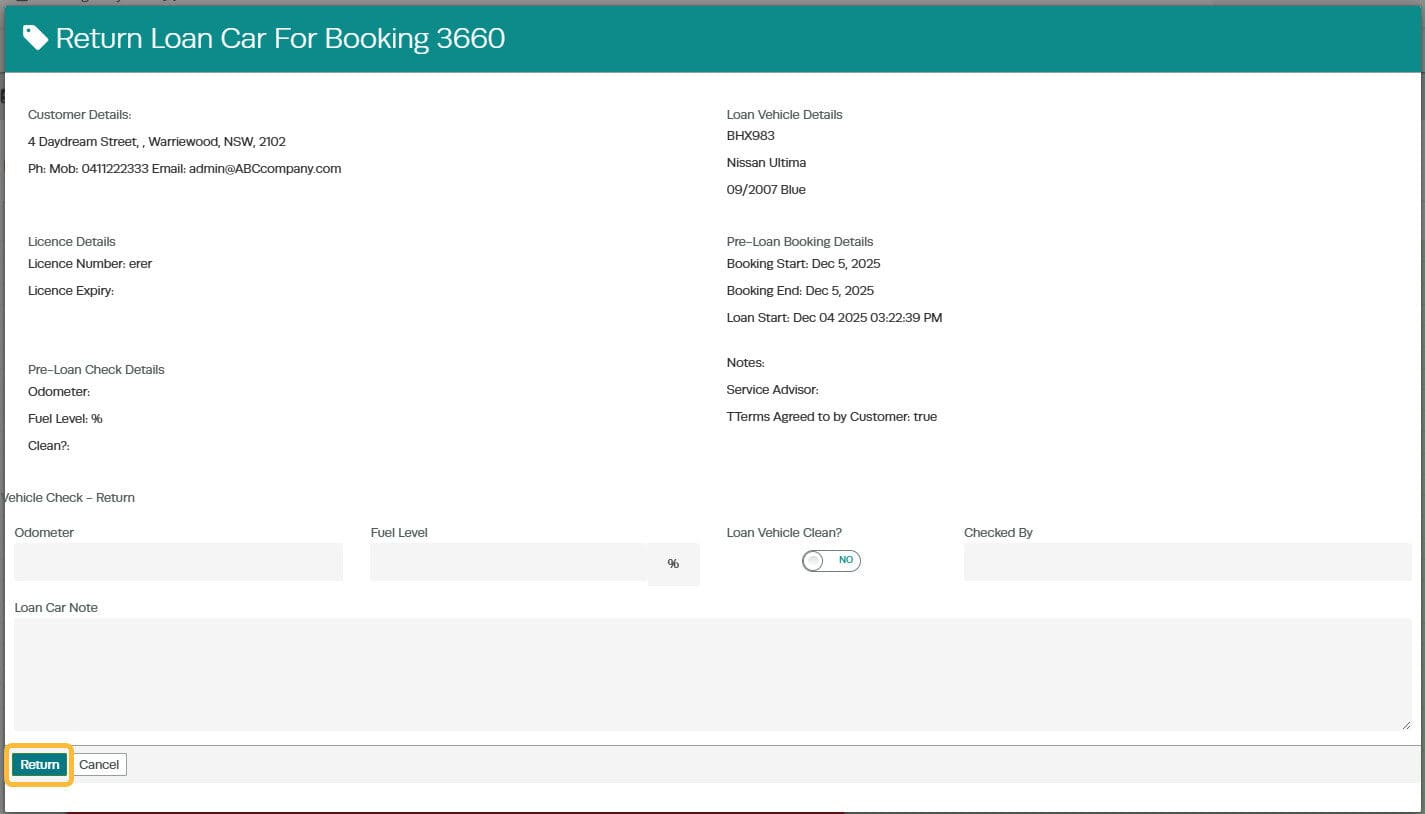Workshop Software screen showing once you click the ’ car ’ icon to return loan a pop up screen will allow you…