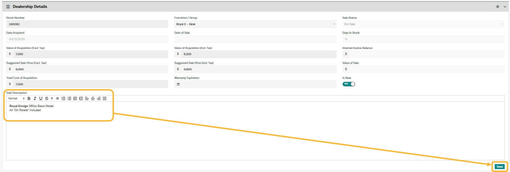 Workshop Software screen showing under the heading ’ sale description ’, add the description you would like to…