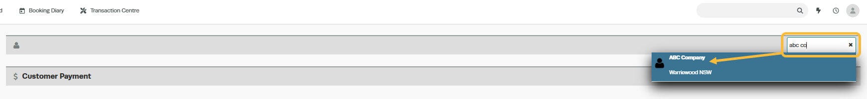 Workshop Software customer payment showing for the customer and click to select