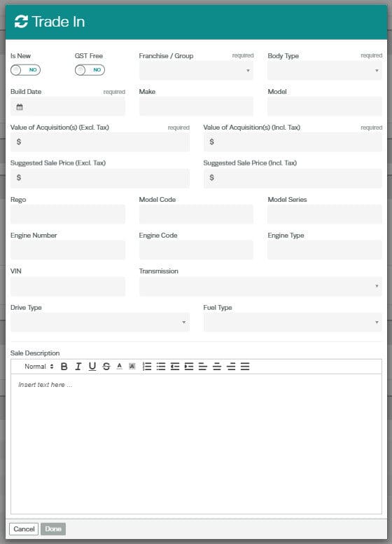Workshop Software screen showing fill in the details of the trade-in vehicle