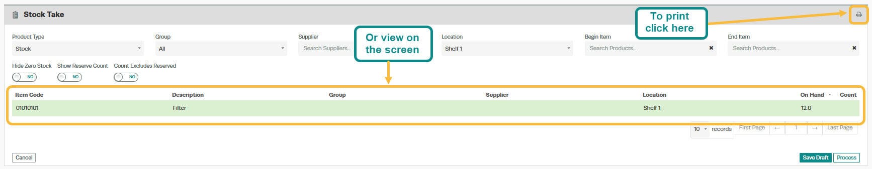 Workshop Software filter stocktake by location showing whether you want to view the details on the screen or print