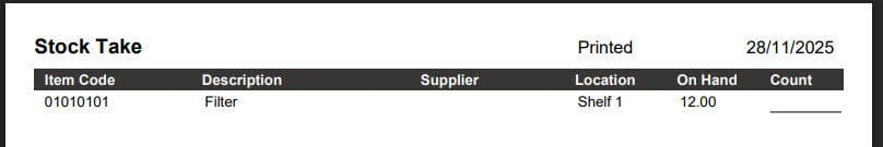 Workshop Software filter stocktake by location step 5 of 5