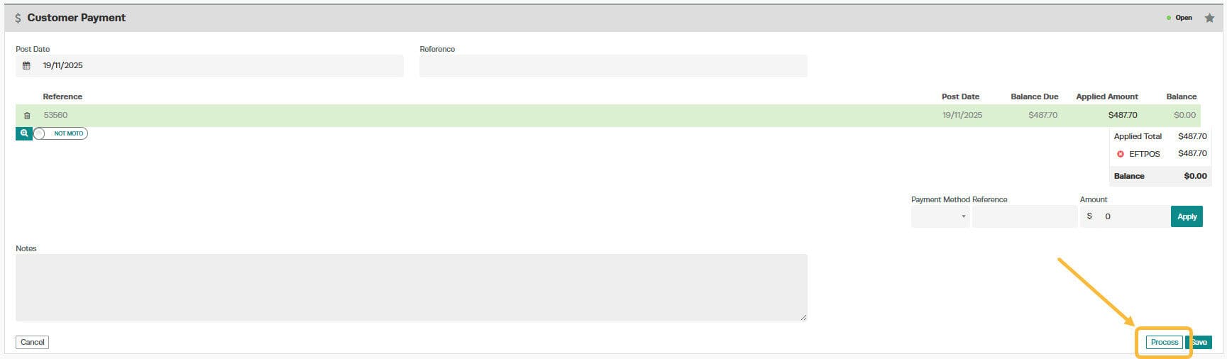 Workshop Software customer payment showing ‘process’ to process the customer payment