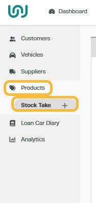 Workshop Software how to do a stocktake in workshop software showing ‘products’ from the left hand navigation menu, then s…