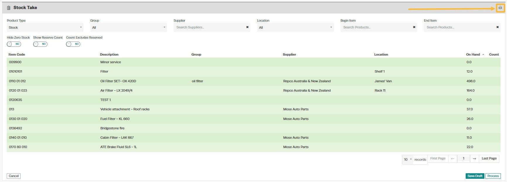 Workshop Software screen showing if you are wanting to print the stock take with all of your inventory counts …