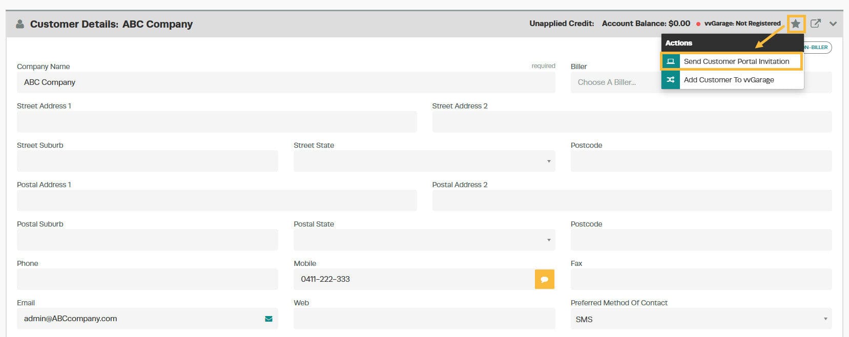 Workshop Software screen showing then select “ send customer portal invitation “
