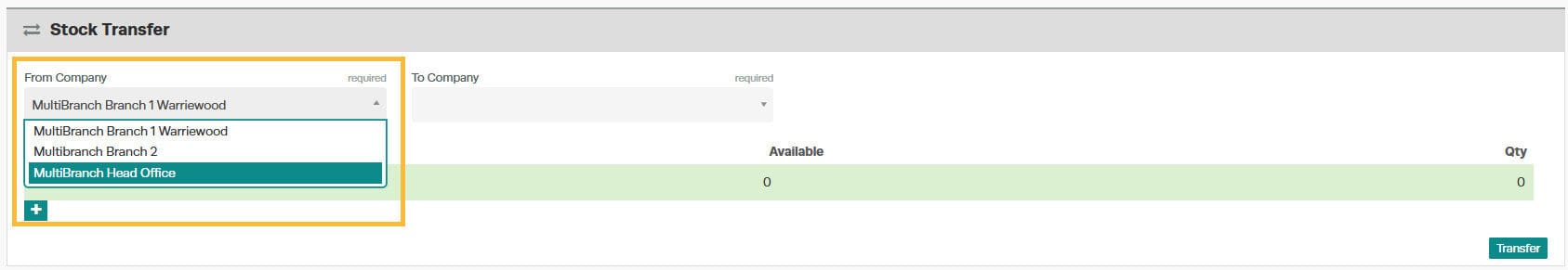 Workshop Software multi-branch transferring stock showing branch from which you want to transfer stock in the “from compan…
