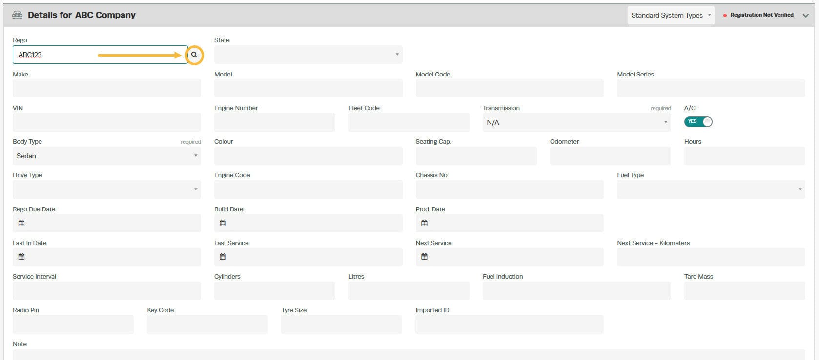 Workshop Software screen showing then click on the magnifying glass on the right-hand side of the rego field t…