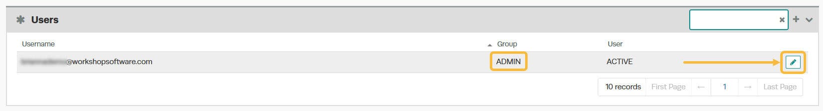 Workshop Software turn on business intelligence (bi) showing ‘pencil’ icon for the admin level username you want to give a…