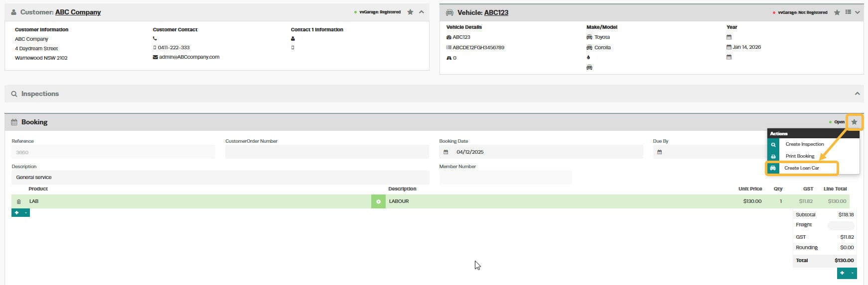 Workshop Software screen showing when you are in the customers booking click on the ’ action star ’ and ’ crea…
