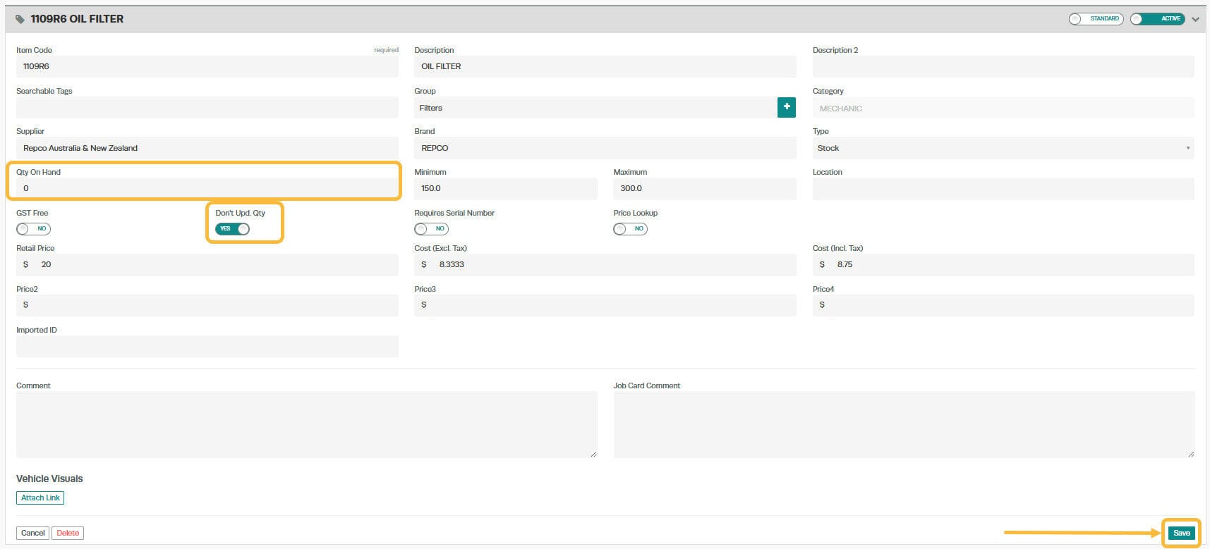 Workshop Software screen showing now when you enter this stock item or labour/job code onto an invoice the qty…