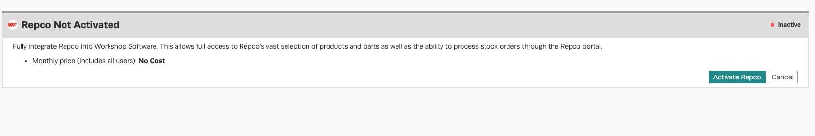 Workshop Software screen showing please select the green ‘ activate repco ’ button to continue