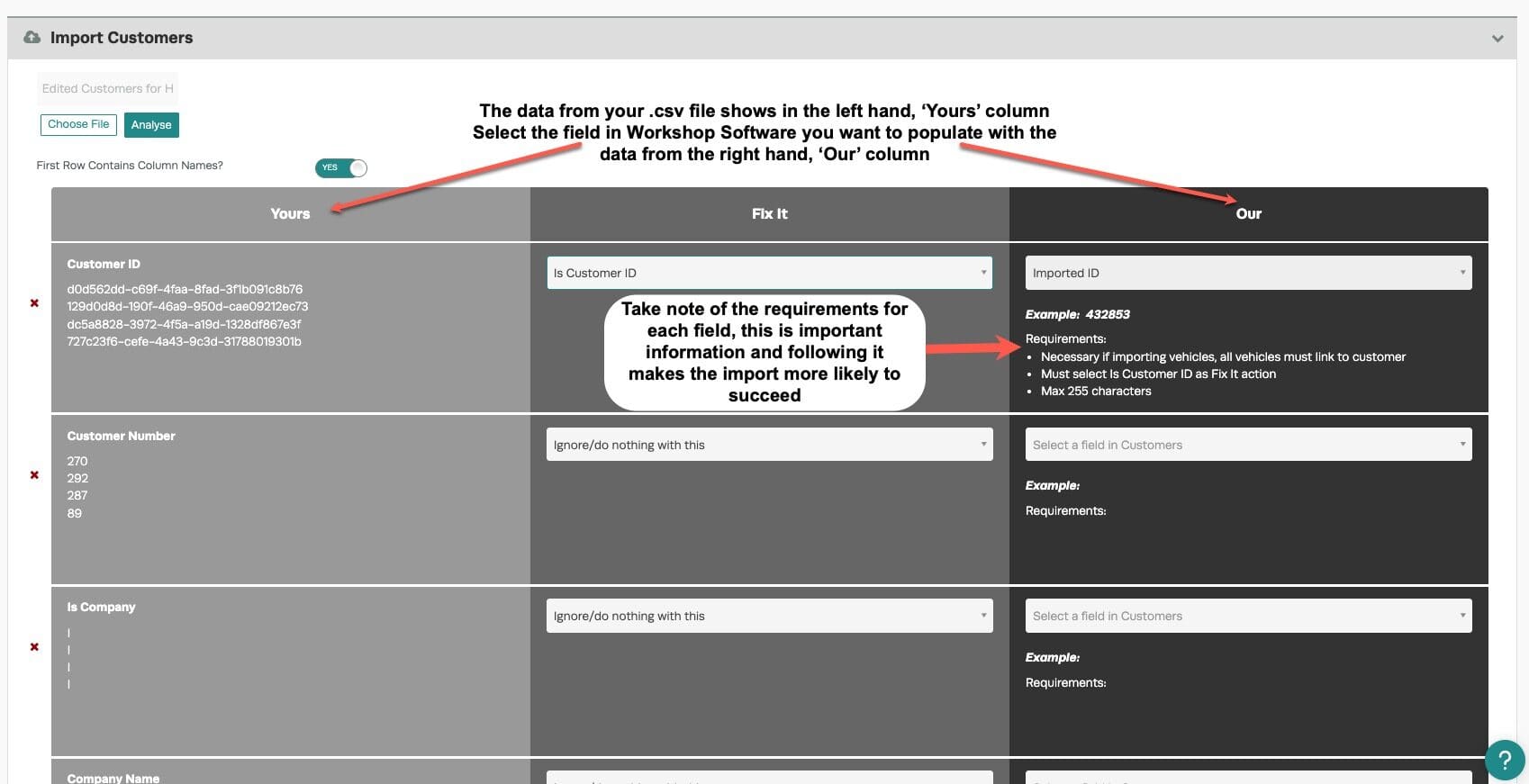 Workshop Software screen showing the middle field, called fix it is used to format the data correctly and gene…