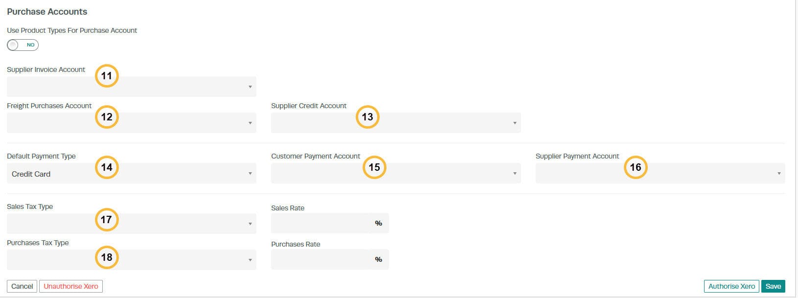 Workshop Software Xero integration Purchase Accounts settings showing supplier and payment account fields