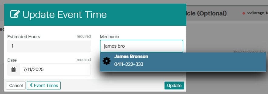 Mechanic search field in the Event Times editor with search results dropdown