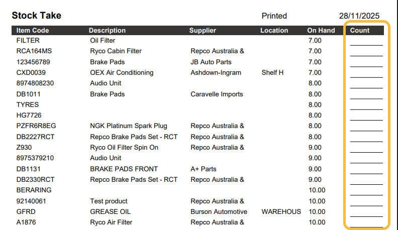 Workshop Software how to do a stocktake in workshop software showing correct/new quantity of the product into the count fi…