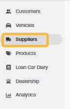 Workshop Software add or edit a supplier showing suppliers from the menu options on the left hand side of the screen