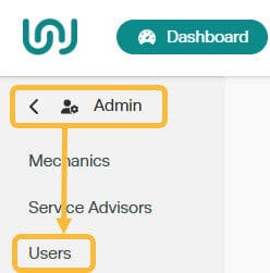 Admin menu expanded showing Users option in Workshop Software left navigation