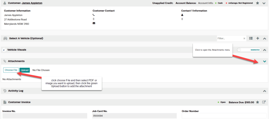 Workshop Software add an attachment to an invoice showing blue ‘choose file’ icon to select which document you want to upl…