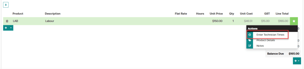 Workshop Software add mechanic hours to an invoice showing ’ enter mechanic times’ from the dropdown menu
