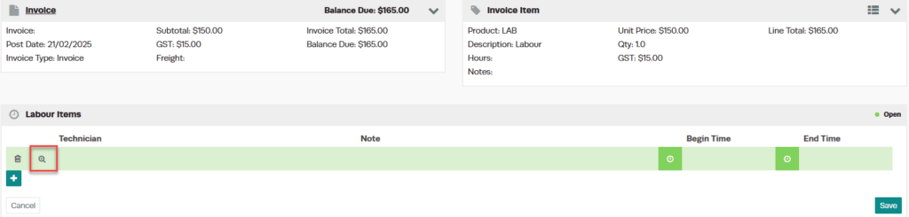 Workshop Software add mechanic hours to an invoice showing green ‘magnifying class’ icon to bring up a list of all mechani…