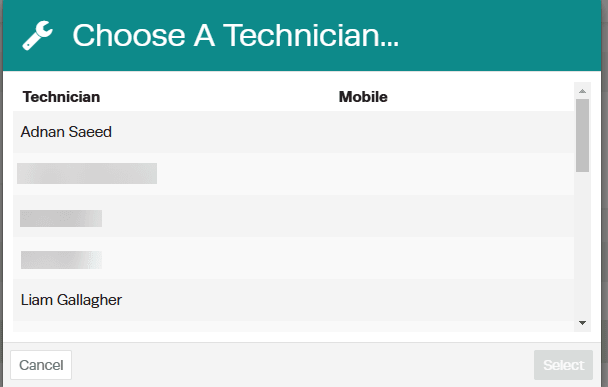 Workshop Software add mechanic hours to an invoice showing correct mechanic and then click the green ‘select’ button