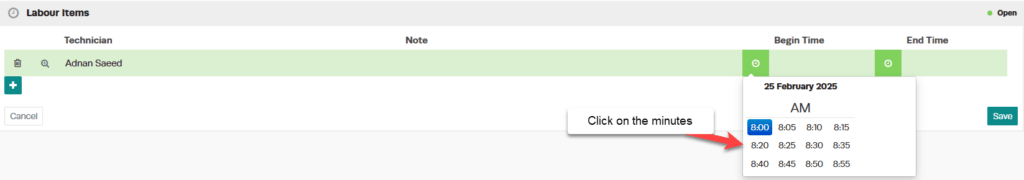 Workshop Software screen showing then click on the minutes to enter the full begin time