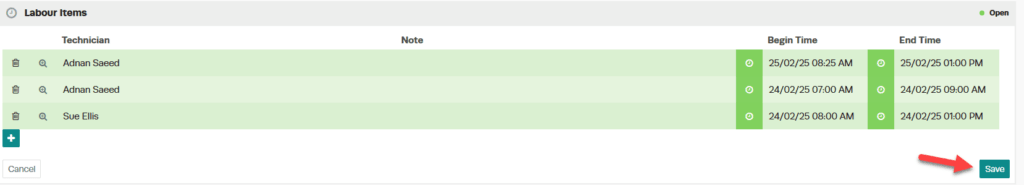 Workshop Software screen showing once all of the mechanic times have been entered, click the green save button