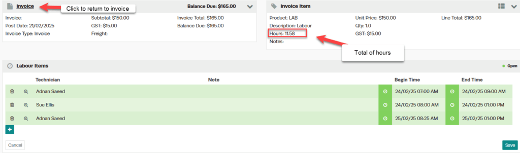 Workshop Software screen showing to go back to the invoice, click on the word ‘invoice’ located on the top lef…