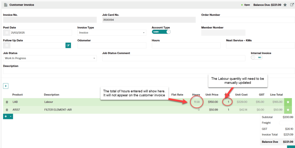Workshop Software screen showing the quantity of the labour charged will need to be manually updated