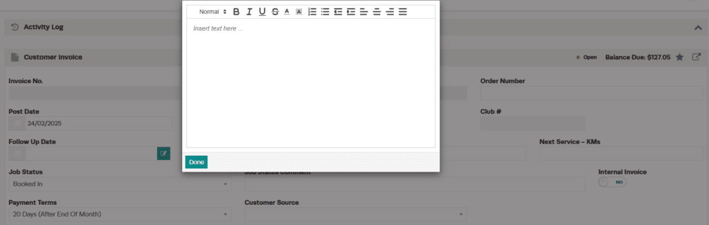 Add note button to save a new follow up note for the vehicle