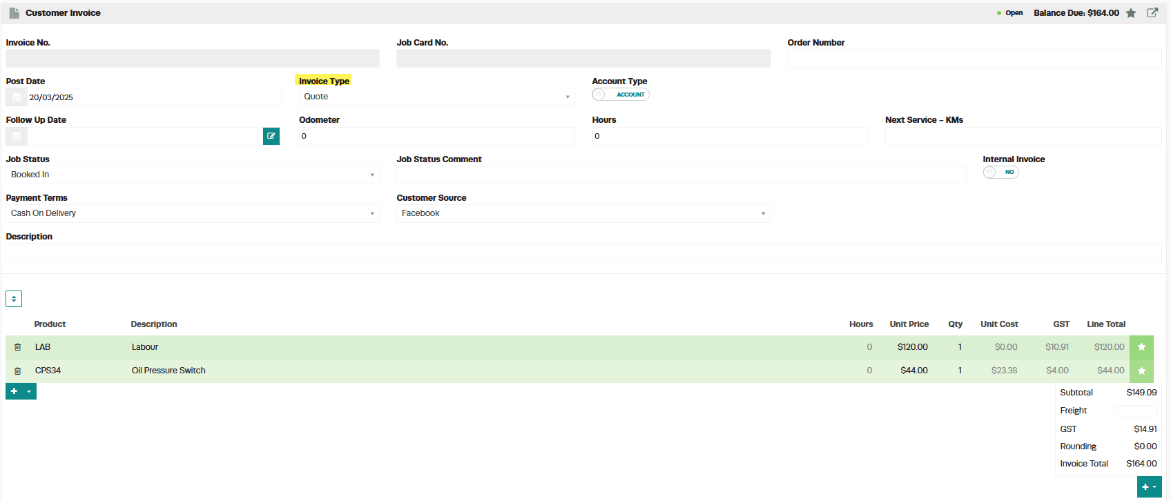 Completed quote with itemised pricing and totals displayed