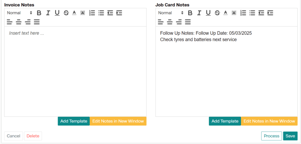 Follow up notes search and filter options in Workshop Software