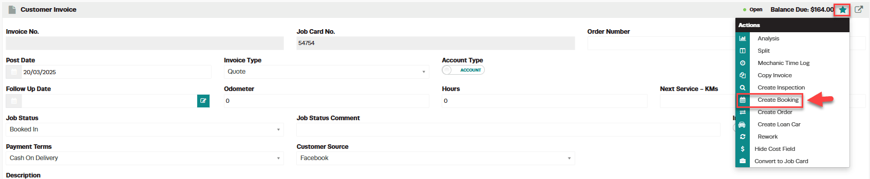 Quote actions menu showing options to email, print or convert to invoice