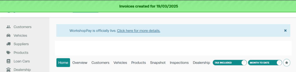 Workshop Software screen showing a green banner will appear at the top of the screen to advise when jobs have …