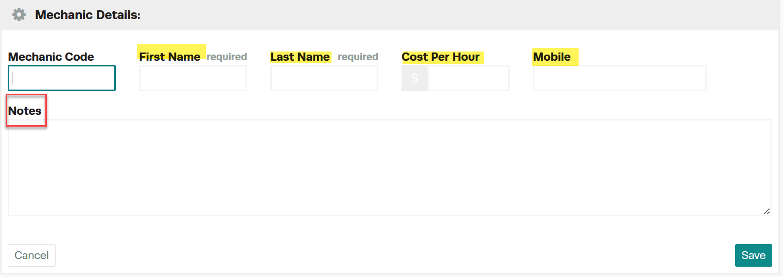 Workshop Software screen showing first name (required) last name (required) cost per hour mobile phone number …