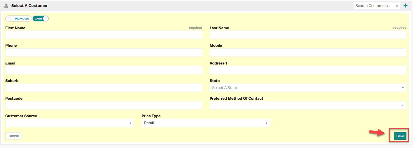 New customer creation form with required name, phone and email fields