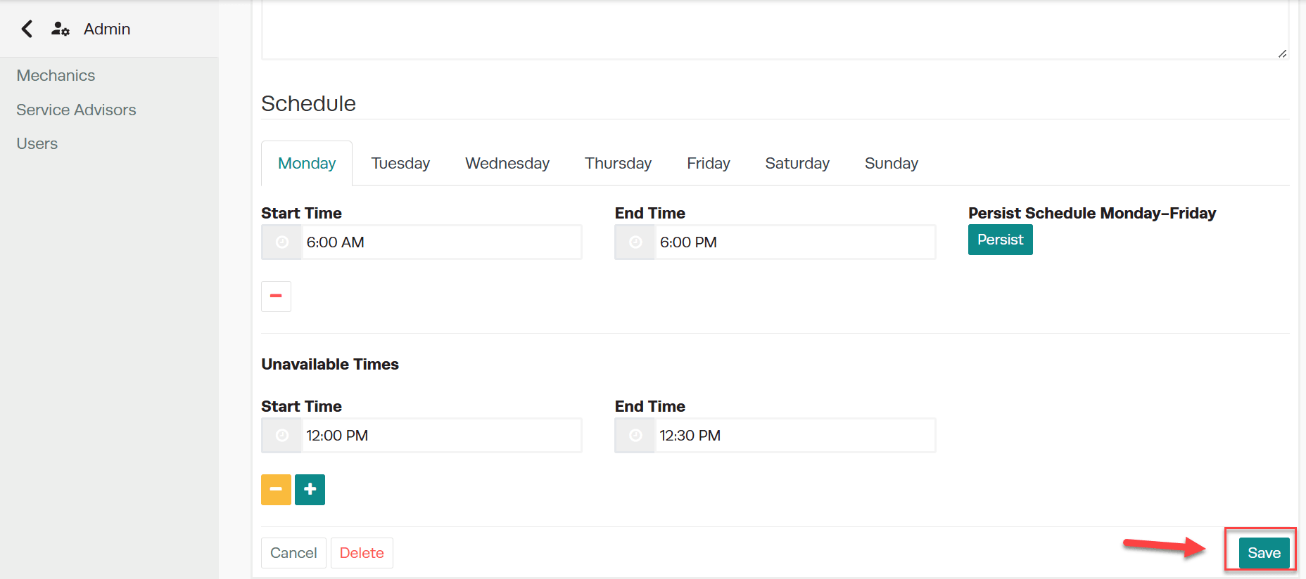 Workshop Software set up your mechanic’s work schedule in workshop software showing save to make these changes