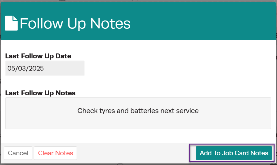 Follow up notes appearing in the vehicle service history timeline