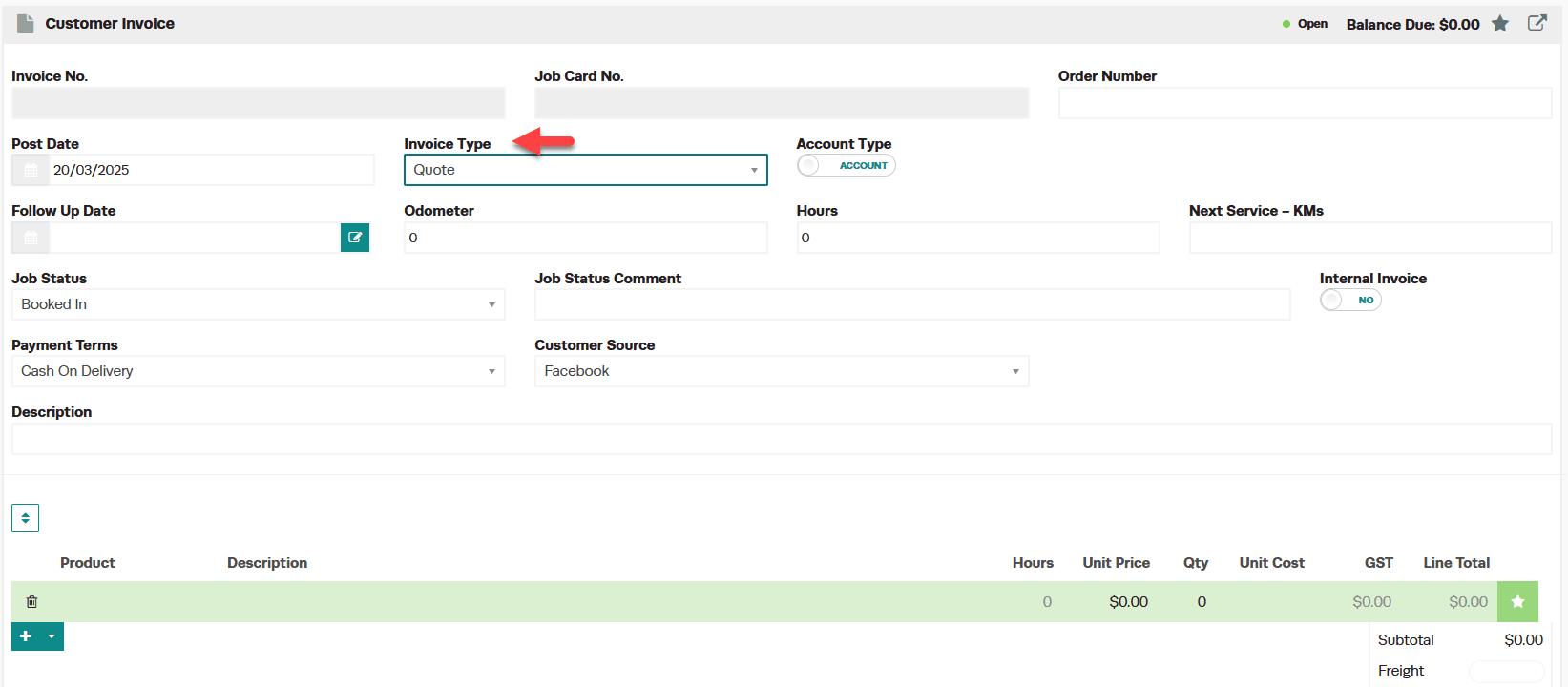 Product search field for adding items to the quote line items