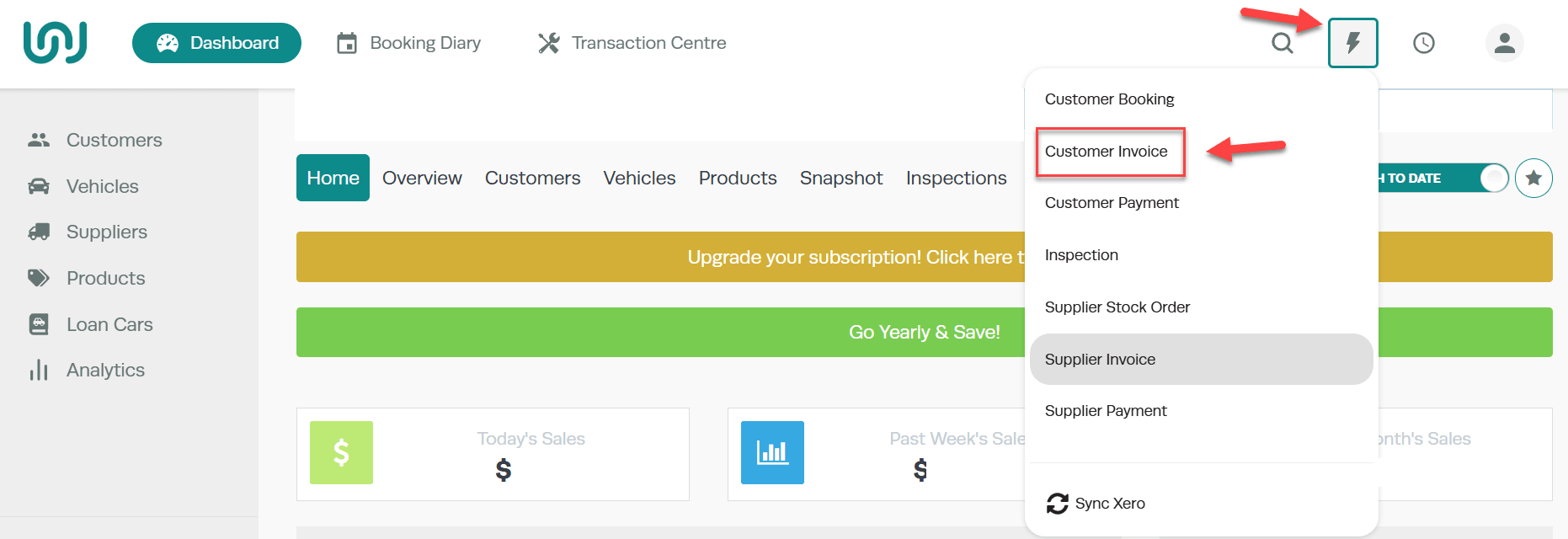 Lightning Bolt quick-create icon with Customer Invoice dropdown option