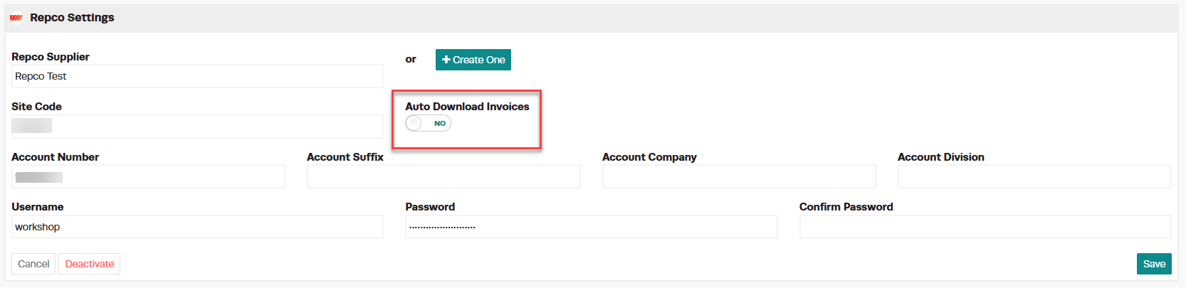 Workshop Software repco automatic invoice feature showing ’ auto download invoices ’ button to yes