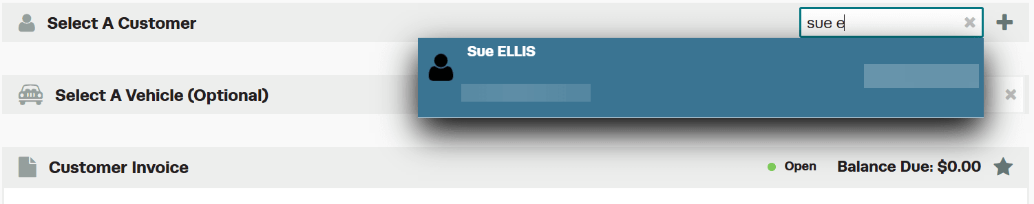 Customer search field showing matching results to select for the quote