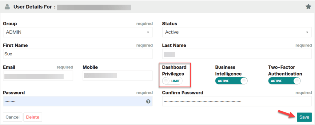 Workshop Software screen showing under dashboard privileges , toggle the setting to limited to restrict access…