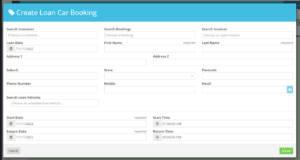 Workshop Software screen showing fill in the create loan car booking page by either searching customer or sear…